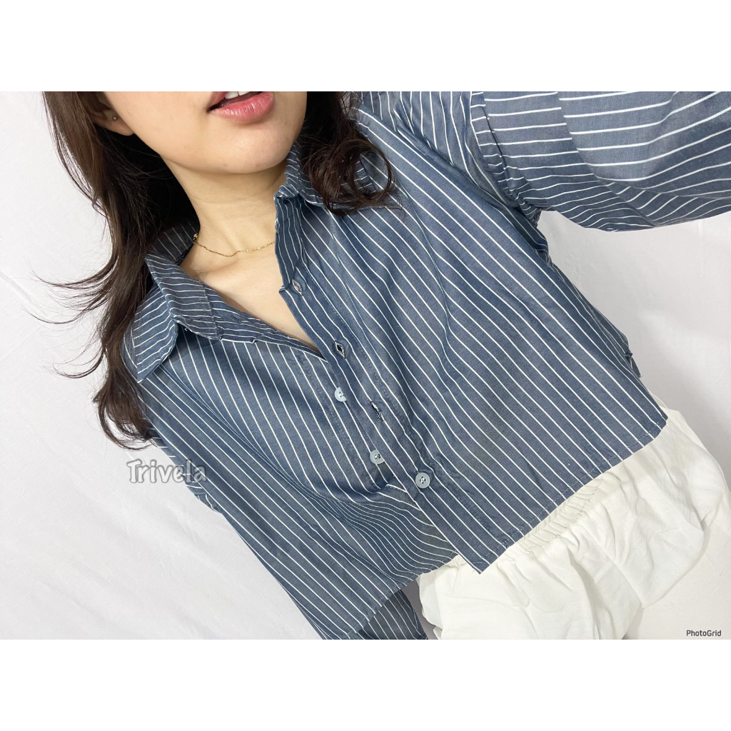 TRIVELA - Esther Top 2136 - Kemeja Crop Wanita - Kemeja Salur - Atasan Wanita - ZIGGY SJJ