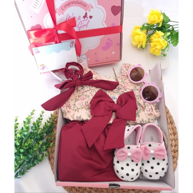 Hampers bayi perempuan PAKET LODY SET lengkap hemat box motif baby girl / kado bayi cewek murah set baju celana bandana kacamata katun lucu