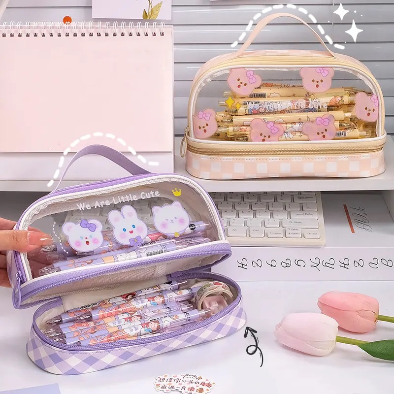 Gelasa Kotak Pensil Anak PVC Transparan Zipper Tenteng Jumbo Waterproof Dual Slot