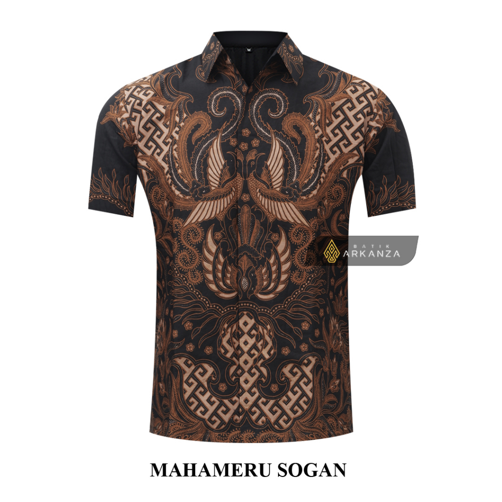 BATIK ARKANZA Motif MAHAMERU SOGAN Hem Atasan Kemeja Baju Batik Premium Pria Cowok Laki Laki Slimfit Full Lapis Furing Tangan Lengan Panjang Lengan Pendek Original Asli Solo Laweyan