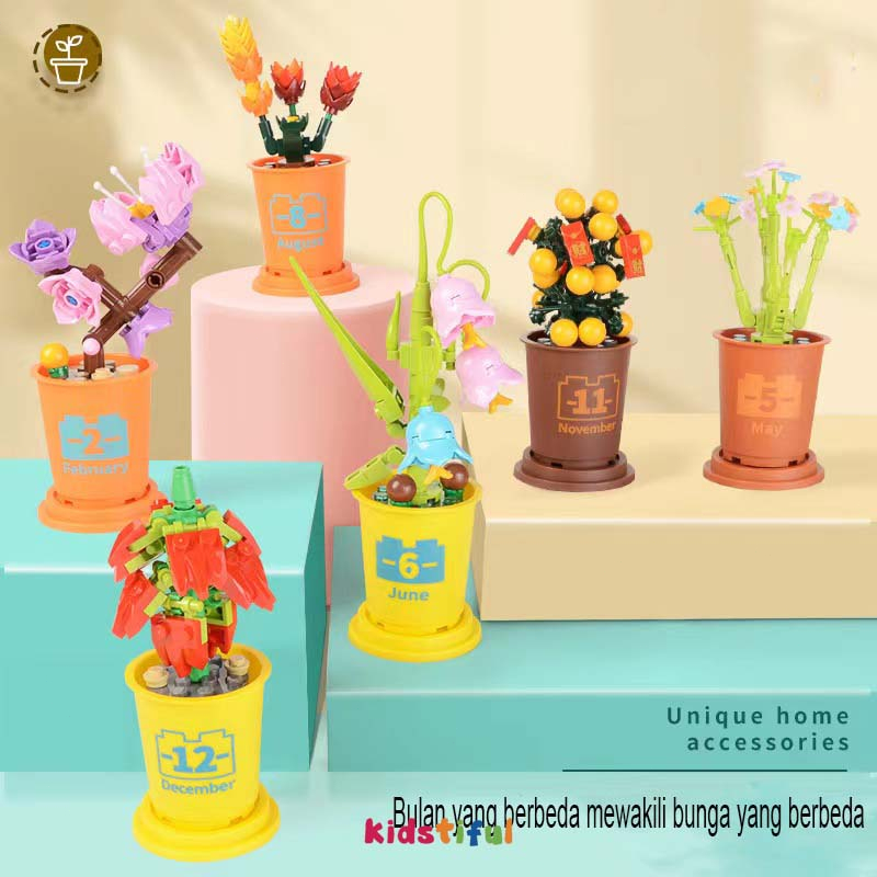 Mainan Balok DIY Flower Bunga Pot Tanaman Imitasi Buket Partikel Kecil Blok Bangunan Dekorasi Hadiah Anak Perempuan