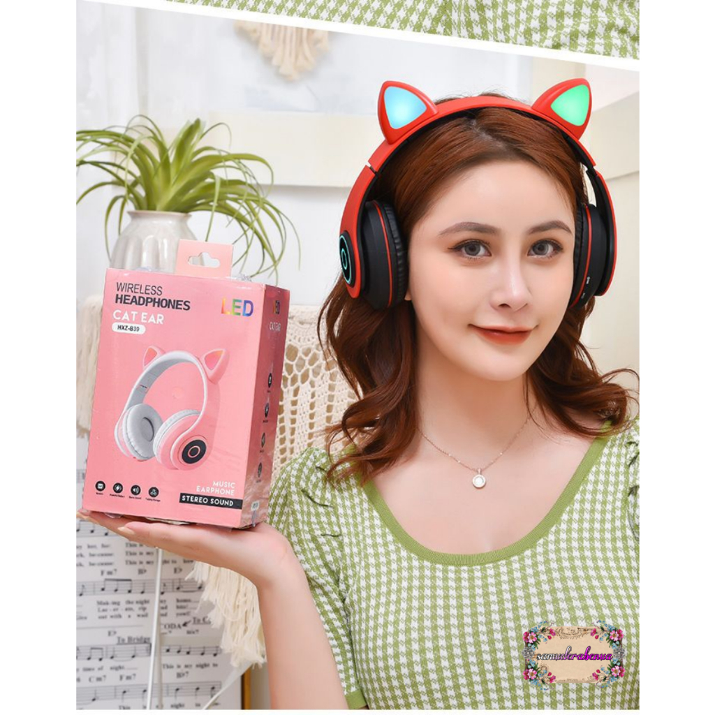 Hf bando headphone B39 STN28 Kucing Karakter LED Color Headset Gaming Bluetooth Wireless Game Headset Cat Ear LED Bando anak Perempuan Cewek Wanita Headset Led RGB Headset Komputer Headphone Laptop SB5719