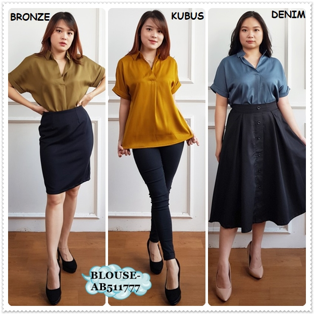 AB511777 Baju Atasan Kemeja Lengan Pendek Wanita Blouse Korea Import Putih Pink Brown Hitam Green Sa