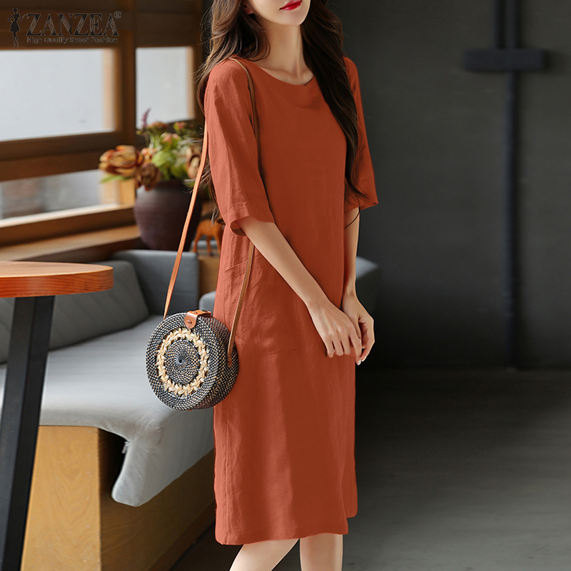 ZANZEA Women Daily Casual Retro Half Sleeves Solid O-Neck With Pockets Mid Length Dress