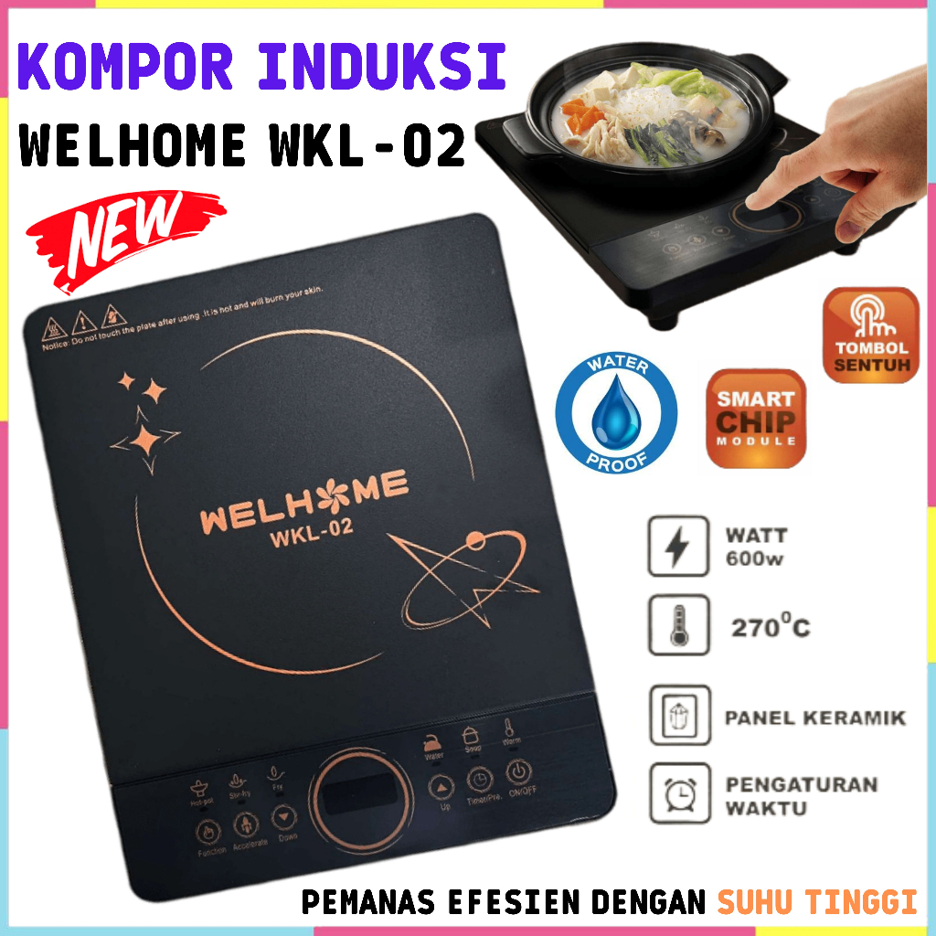 Kompor Induksi Listrik Welhome WKL-02 - 100 - 600 Watt Smart Chip Module-Panel kristal lebih besar -