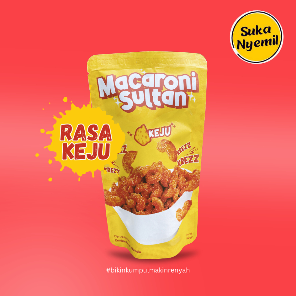 

SUKA NYEMIL - Macaroni Sultan Rasa Keju (50 gram) Jajanan Viral Renyah Gurih Cemilan Kekinian Snack Keluarga Indonesia