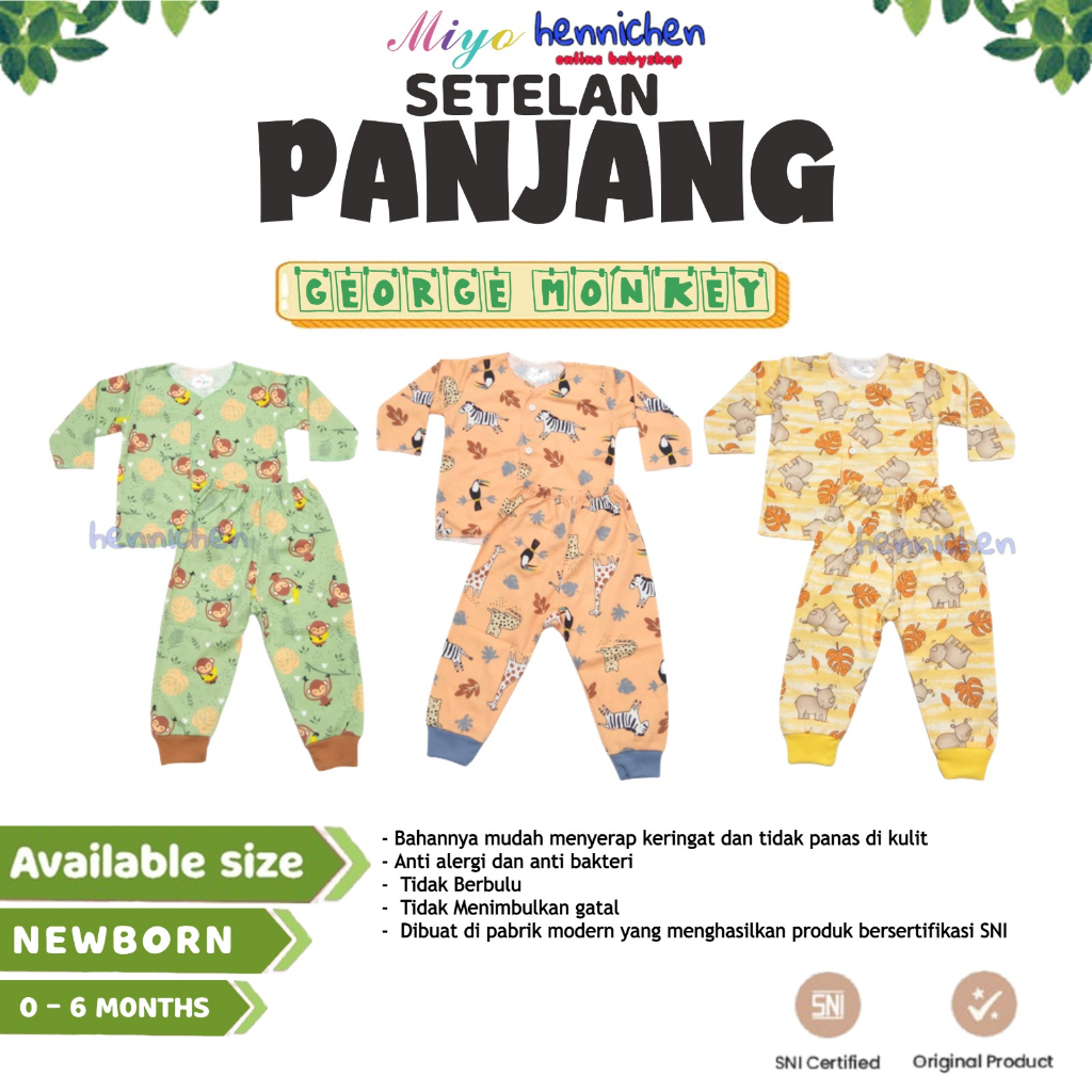 SETELAN PANJANG MIYO NEW BORN PRINT GEORGE MONKEY / SQUIRREL ( 0-3 M ) / 3-6 M SNI