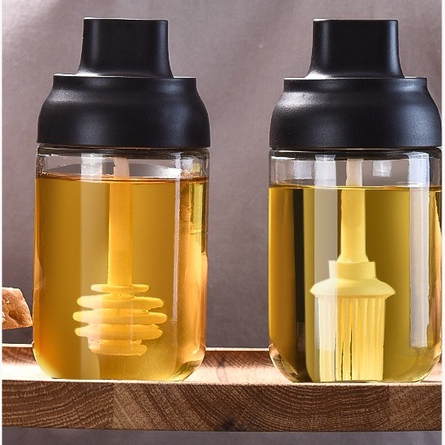 Botol bumbu kaca tebal tahan lembab toples bumbu multi fungsi dengan sendok botol sikat minyak toples madu garam garem merica pepper salt madu oles minyak pink Green blue