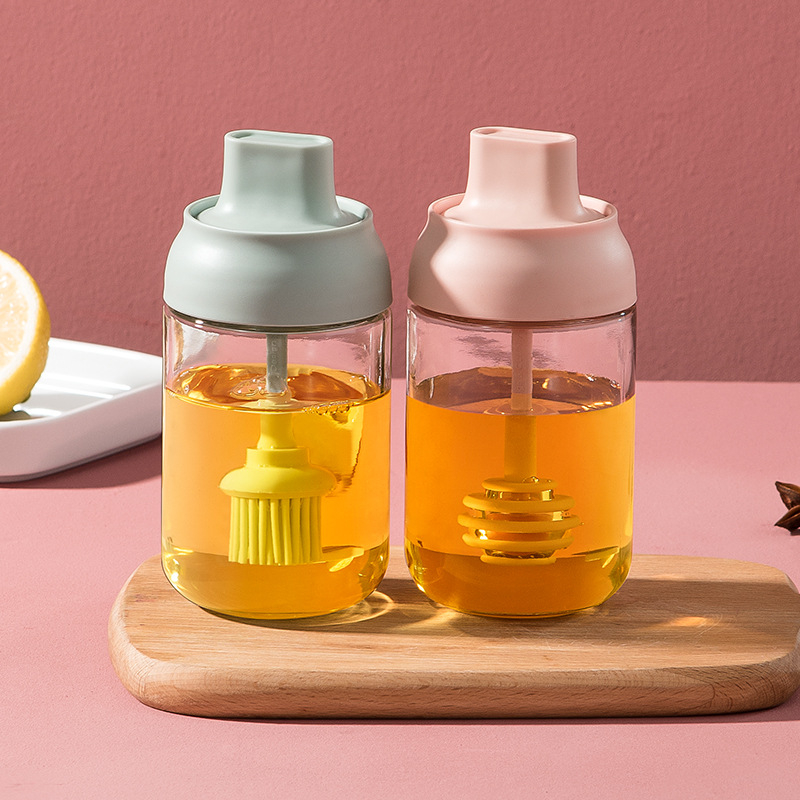 Botol bumbu kaca tebal tahan lembab toples bumbu multi fungsi dengan sendok botol sikat minyak toples madu garam garem merica pepper salt madu oles minyak pink Green blue