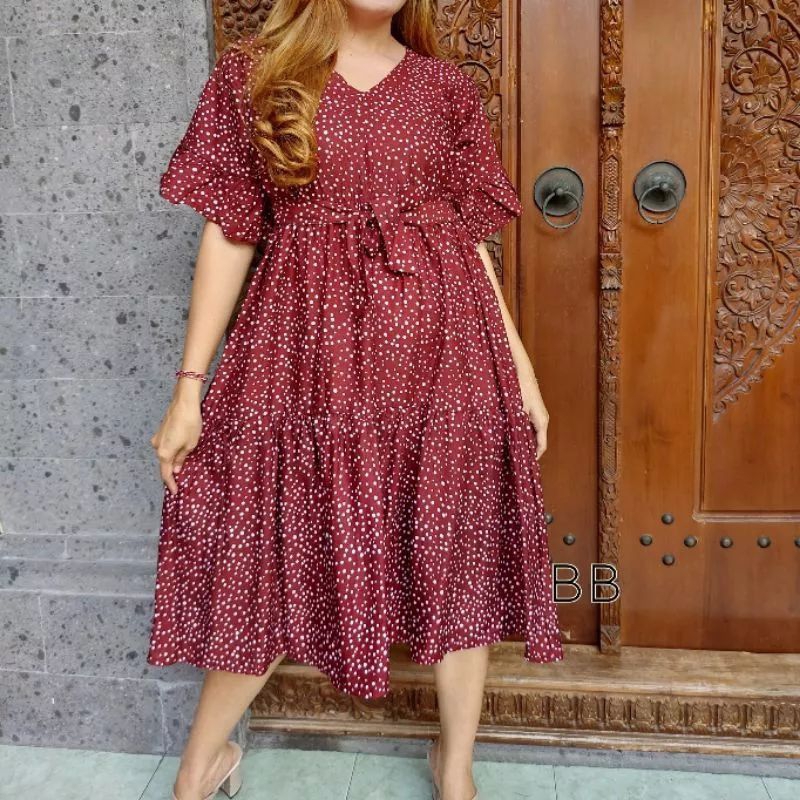 DASTER BALI DRESS WANITA BAHAN RAYON TEBAL MOTIF POLKADOT MODEL SUSUN REMPEL SLATING DADA TALI SAMPI