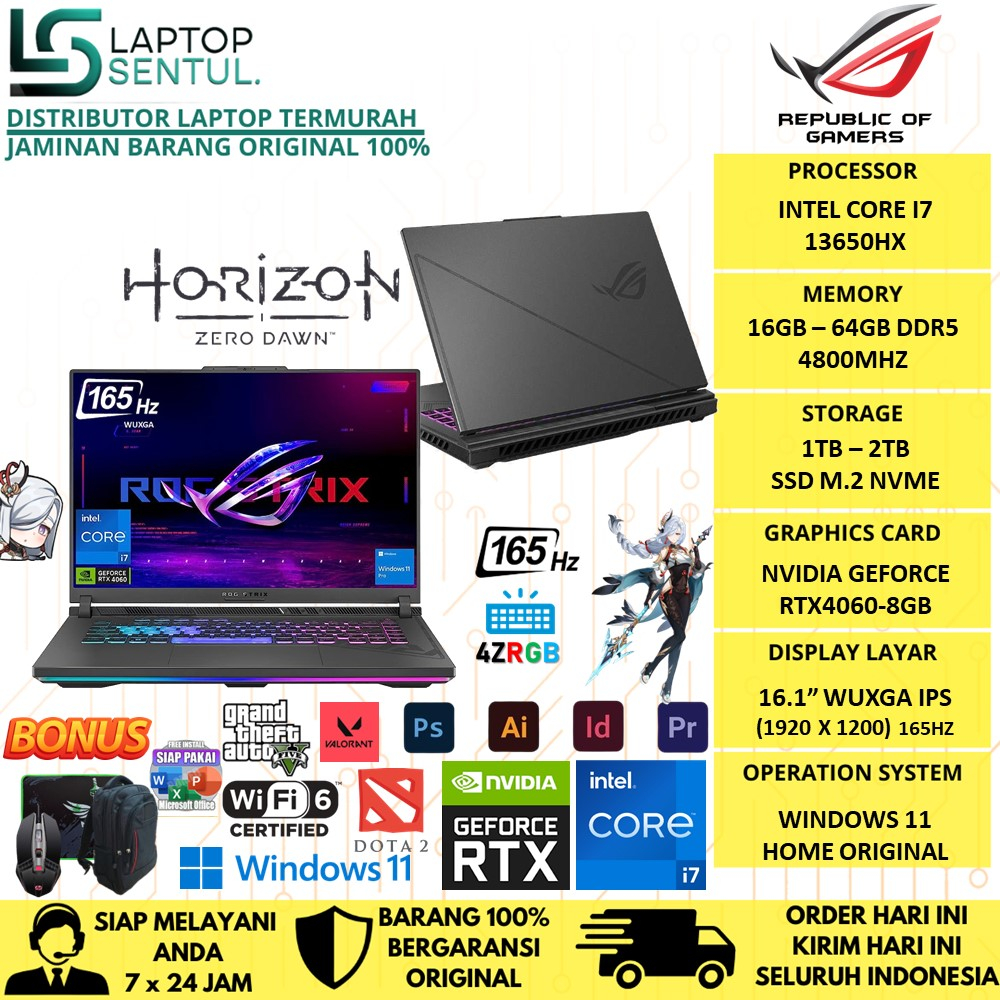 LAPTOP GAMING ASUS ROG STRIX G614JV INTEL CORE I7 13650HX RAM 64GB 1 TB SSD RTX4060 8GB 165Hz RGB WINDOWS 11