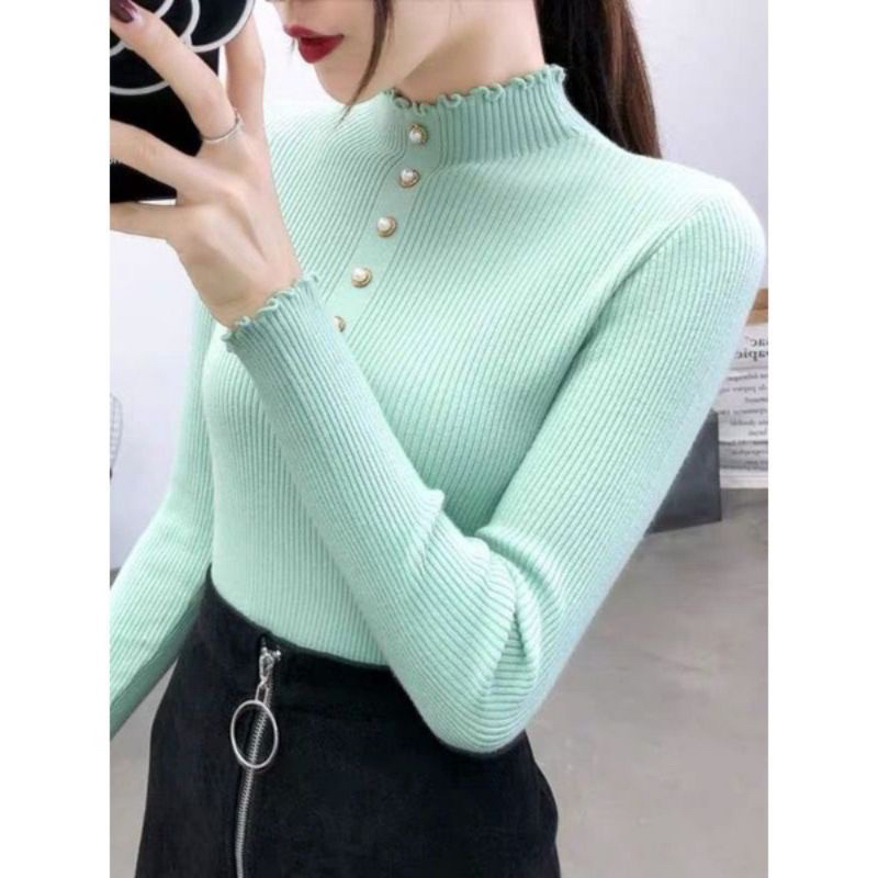 KANCING MUTIARA TURTLENECK CURLY RAJUT | BLOUSE INNER RAJUT KRIWIL LENGAN PANJANG