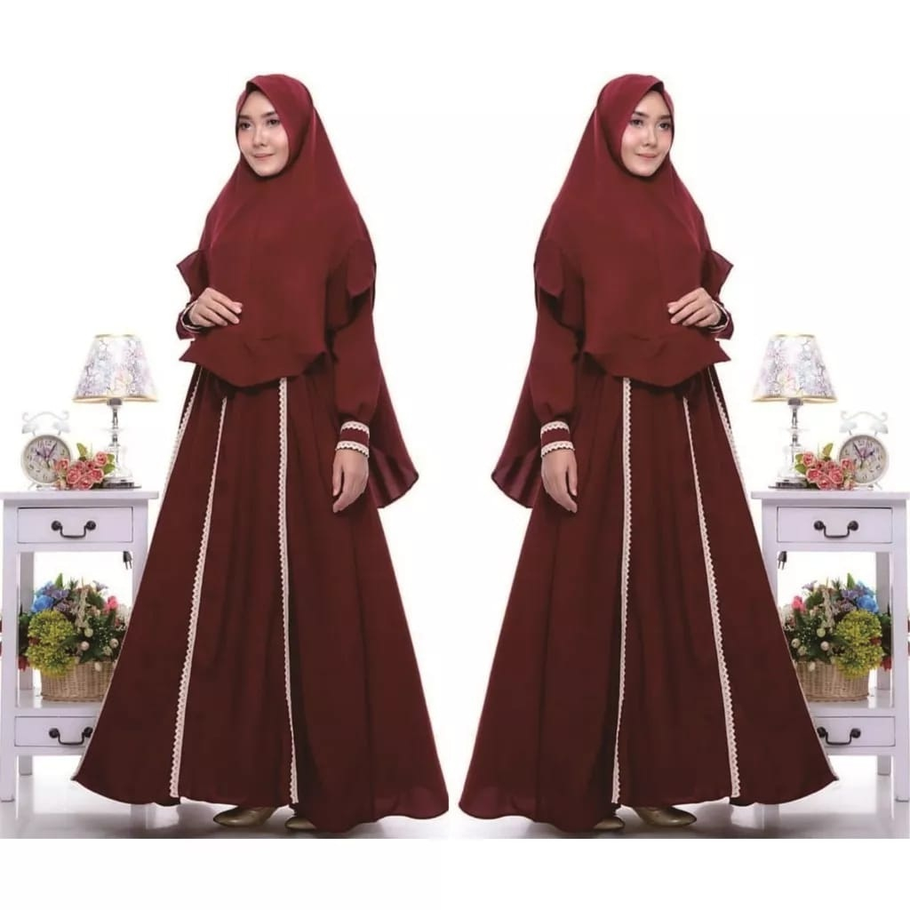 Andara Fashion-SYAKILA SET SYARI Bahan Tory Burch kombinasi Renda Plus Kerudung Gamis Wanita Terbaru