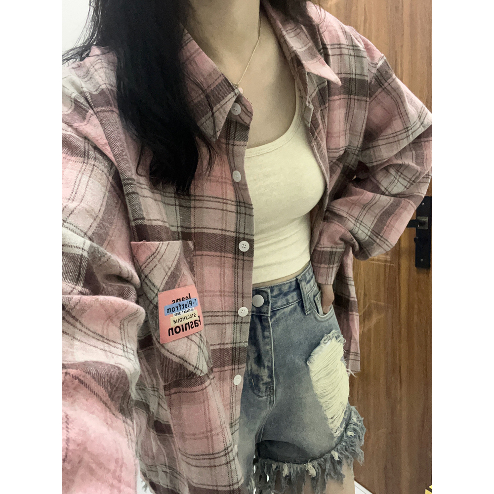 Korean Style Oversize Retro Panjang Lengan Semua Pertandingan Pink Korea Plaid Shirt