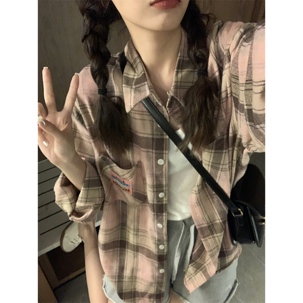 Korean Style Oversize Retro Panjang Lengan Semua Pertandingan Pink Korea Plaid Shirt