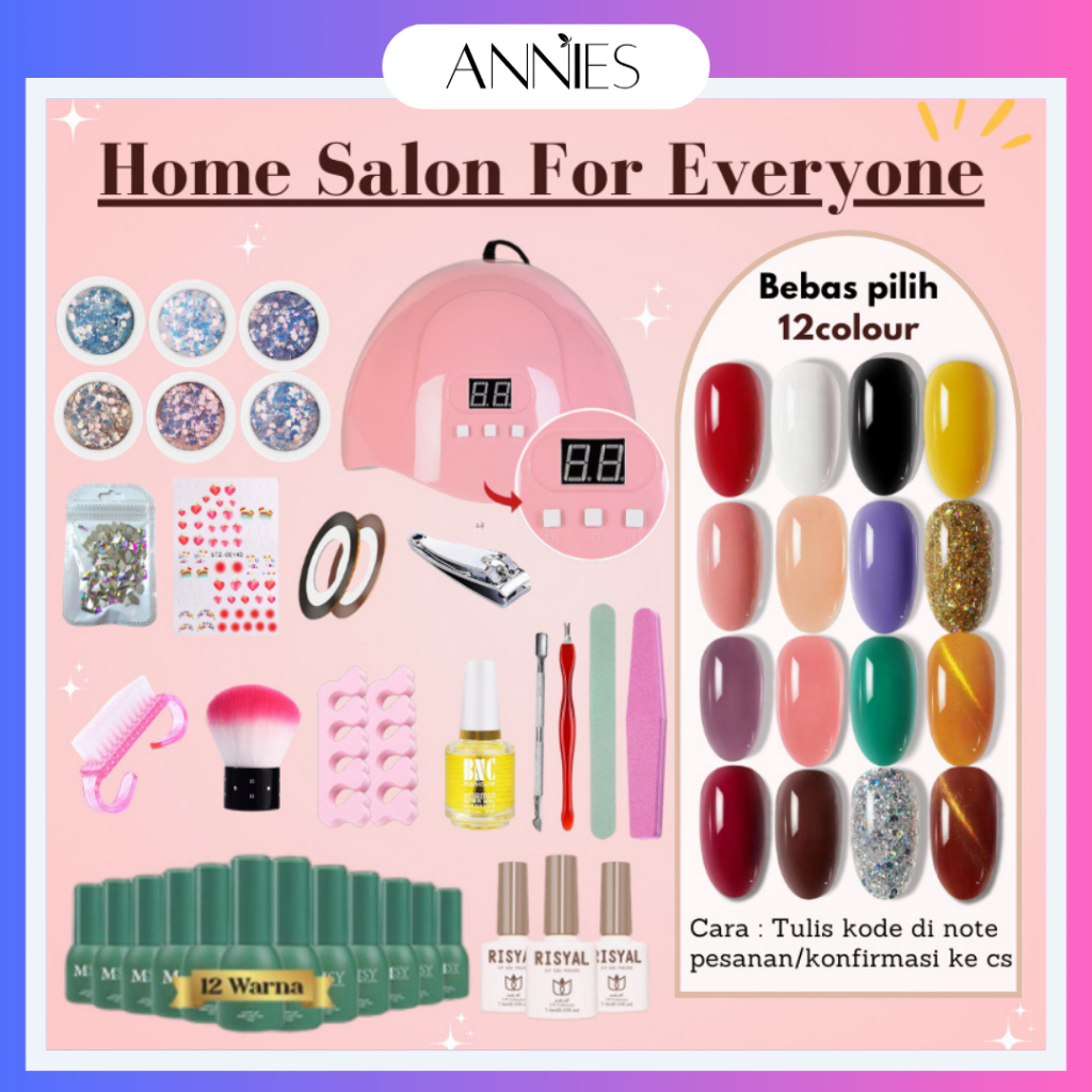 ANNIES PAKET HOME SALON BEBAS PILIH 12PCS MANICURE KIT DENGAN 54W UV LED NAIL LAMP STATER KI 36IN1