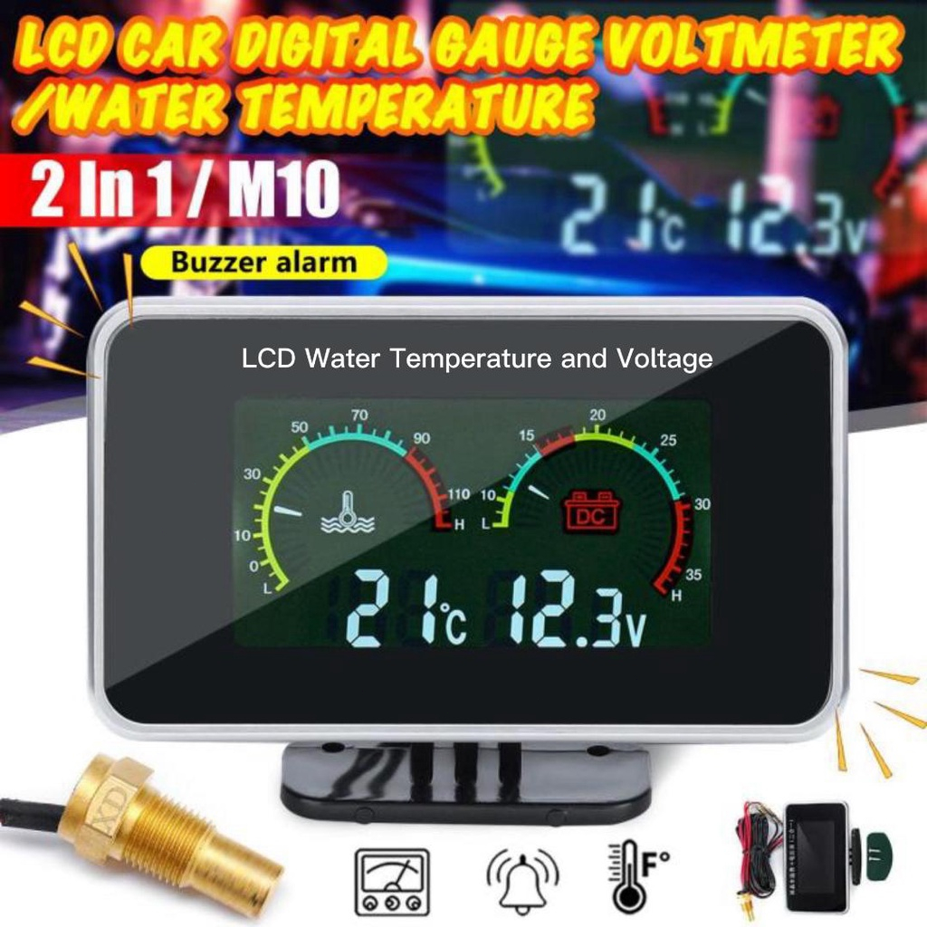 2in1 LCD Digital Alat Ukur Digital Temperatur Air dan Voltmeter Tekanan Udara 12V 24V dengan Alarm P