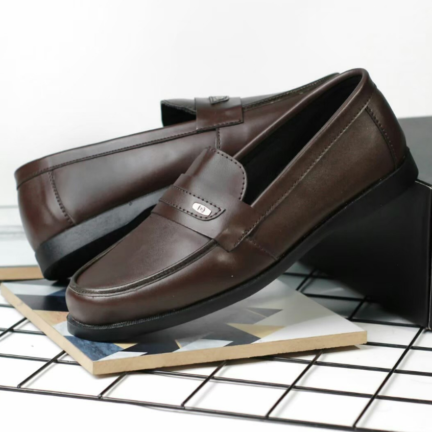 sepatu Kasual Slip On Pria Kulit Pu Sintetic Premium Ori Hitam Coklat Modis Modern Enoz Slim