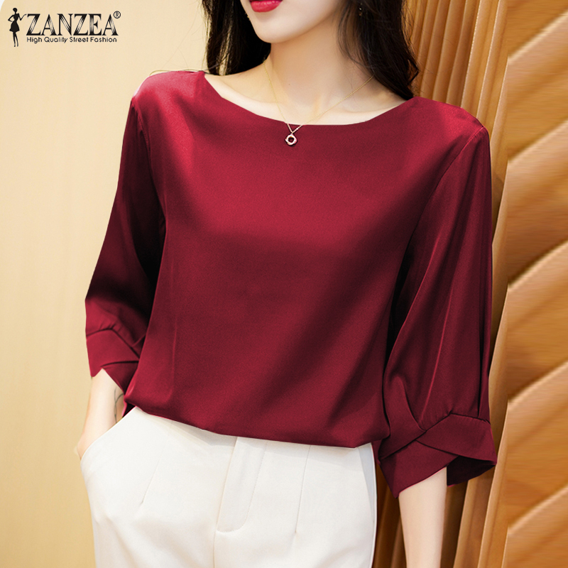 ZANZEA Women Street Fashion Elegant O-Neck Puff Sleeves Satin Solid T-shirt