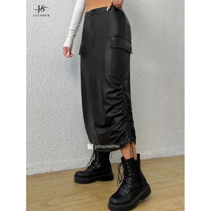 Olivia Rok Kulit Cargo Serut Samping Kulit PU Korea Style