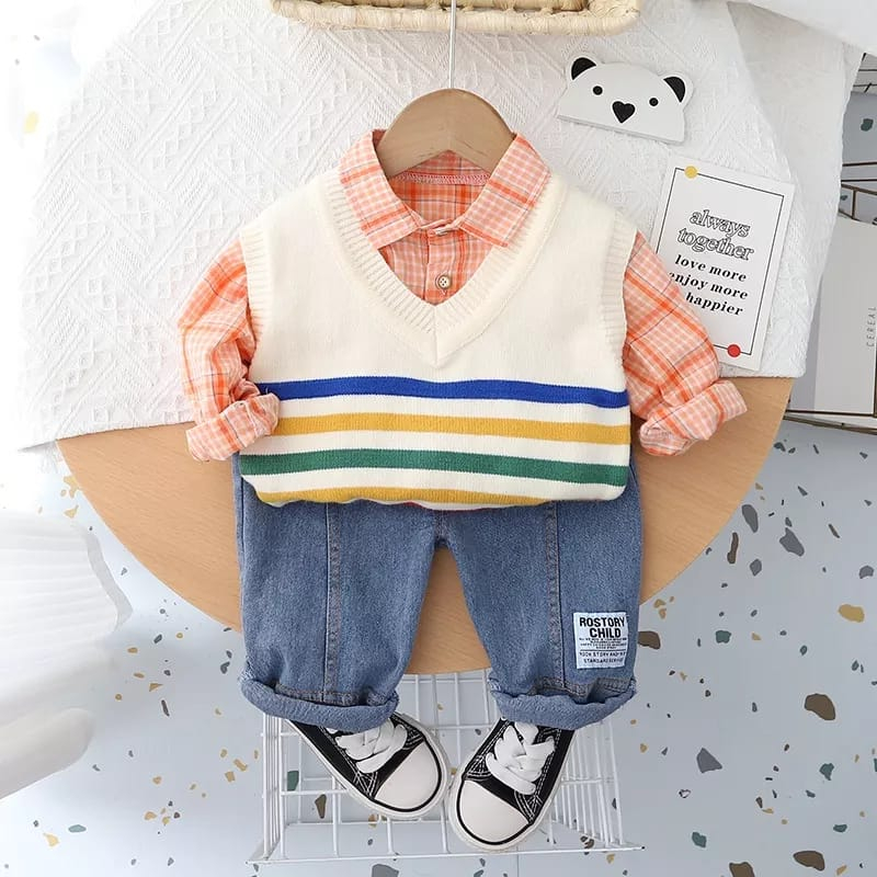 PROMO-SETELAN SWEATER ROMPI RAJUT ANAK LAKI LAKI PEREMPUAN UMUR 1-5 TAHUN MOTIF 3IN1 SALUR CELANA DENIM SETELAN SWEATER KARDIGAN ANAK TERBARU