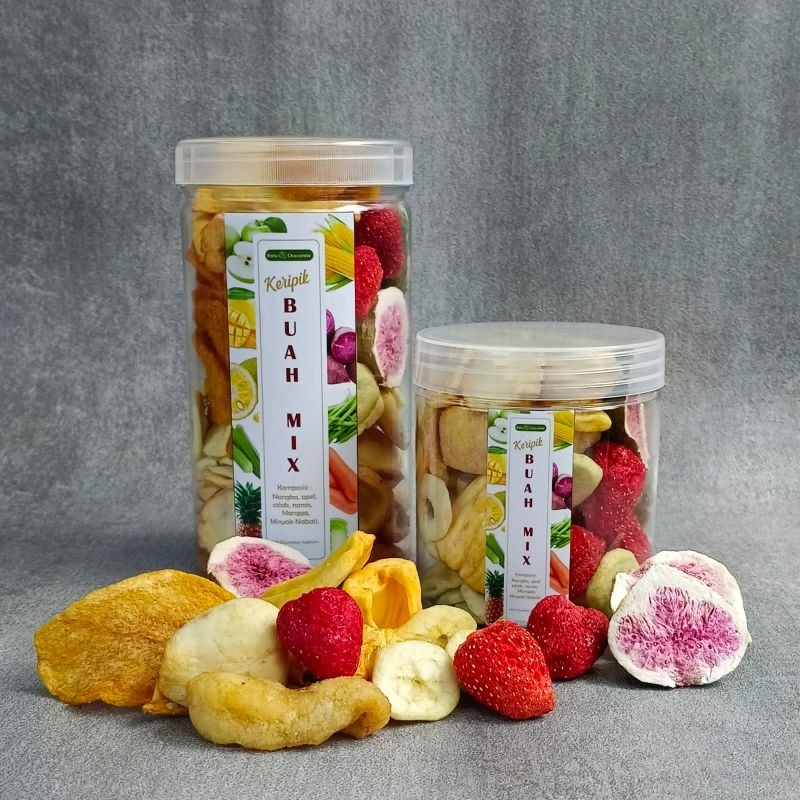 Mix Fruits Chips In Jar Premium - Dengan Buah Tin &amp; Strawberry - Buah mix Buah Tin dan Strawberry Kemasan Toples