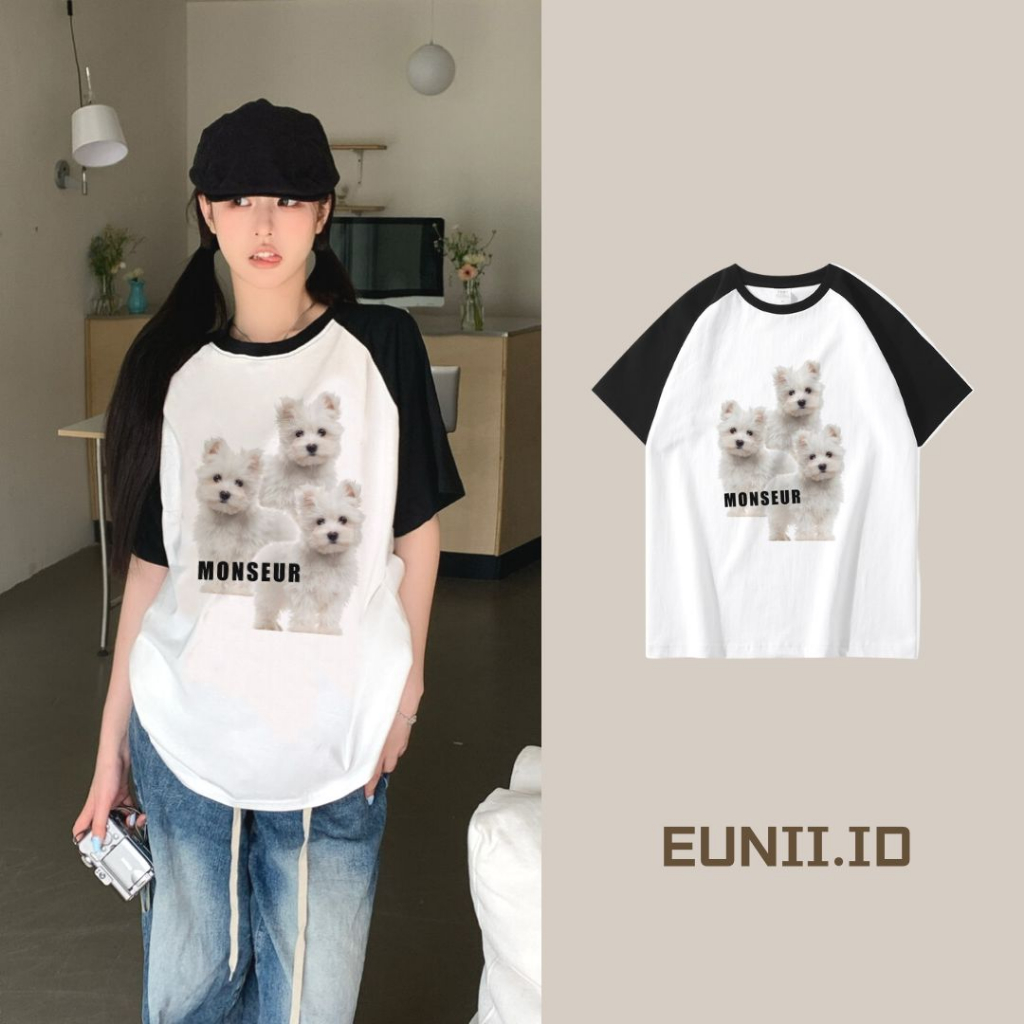 EUNII T-shirt Lengan Pendek Cartoon Dog Family Korean Style/Kaos Atasan Wanita/Baju Kaus Oversize Wanita/Kaos Wanita