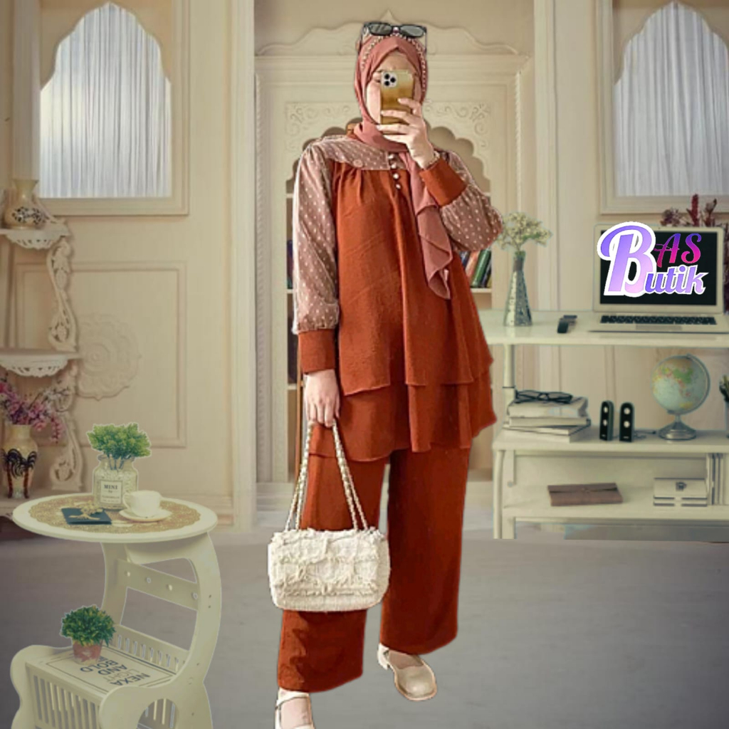 Baju Set Jumbo 2 in1 Bahan Crinkle Tille LD 110cm Baju Setelan Atasan + Celana Baju Wanita Panjang P