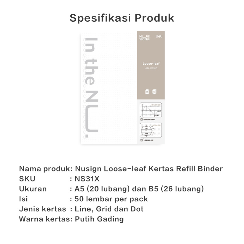 Nusign Loose-leaf Notebook Refill / Isi Binder A5 B5 Garis Grid Dot 50 Lembar NS31X