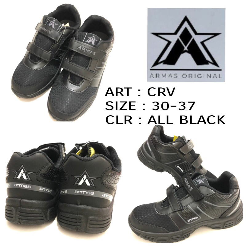 Sepatu Sekolah Anak Unisex Velcro Armas CRV All Black / Sepatu Sekolah Keren