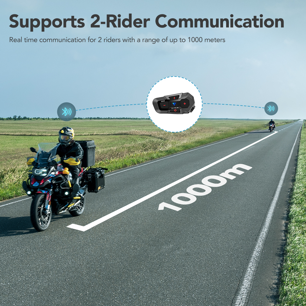 GEARELEC interkom GX2 Helm Sepeda Motor headset Bluetooth 5.1 Sistem Interkom 2 riders 1000m interkom Nirkabel dengan voice command