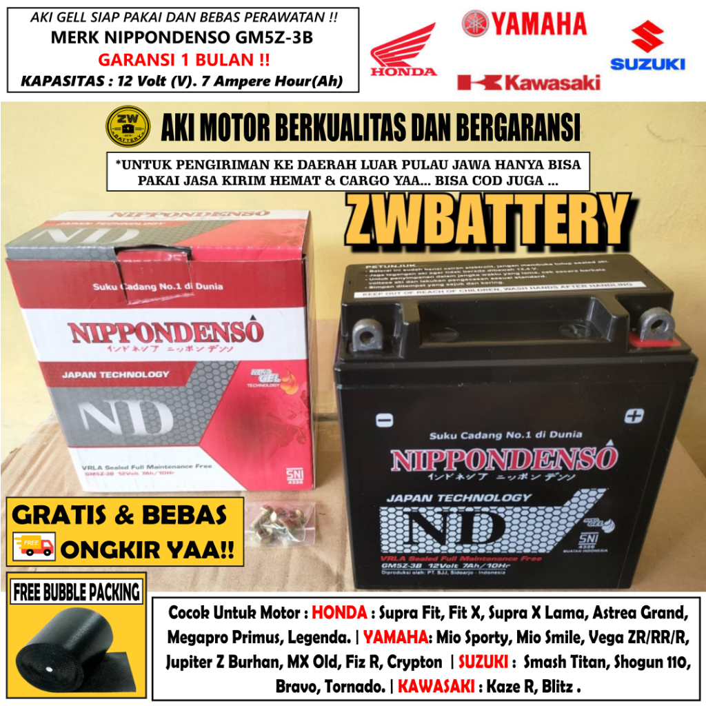 AKI MOTOR SUPRA FIT NEW/LAMA, SUPRA X 110CC, MEGAPRO PRIMUS, LEGENDA GM5Z-3B NIPPON GEL 7 AH