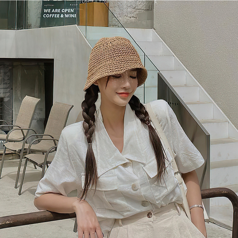 Caliloops Topi Bucket Hat Pantai Rajut Wanita Korea Lebar Sienna