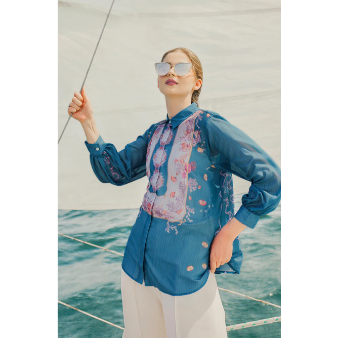 Aquarielle Shirt With Gathered By Benang Jarum - Ocean XS S M L XL XXL  buttonscarves series voal fr