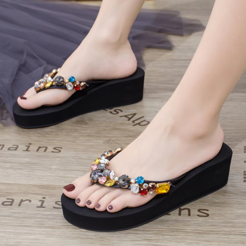 Sandal Jepit INGVIVI Wedges  799 / 719 Sandal Ingvv Swarovsky Wedge Permata / Spon Flip 5cm