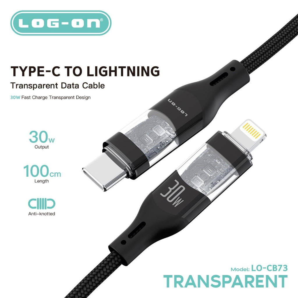 LOG-ON KABEL DATA C TO C DAN C TO IPHONE FULL IC TRANSPARENT LO-CB73 65W 30W MAX 1METER ORIGINAL SUPPORT IPHONE DAN ANDROID BY.SULTAN