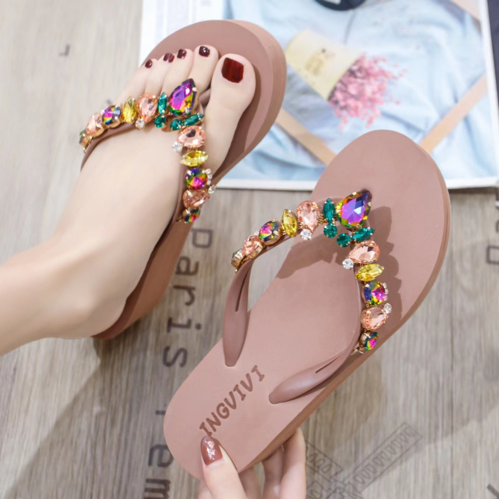 TERMURAH Sendal Ingvivi Wedges Jepit 160-5 / Sandal Ingvv Swarovsky Wedge Permata /  Spon Flip 5cm