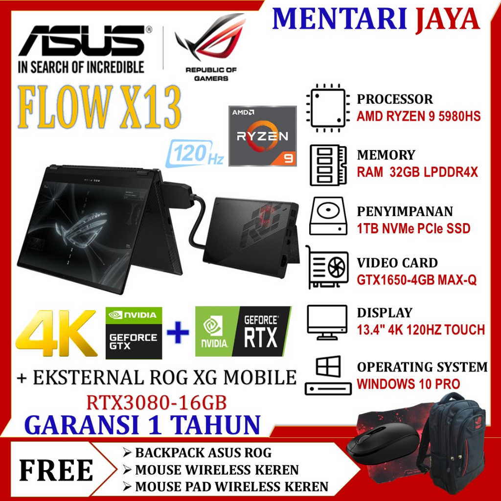 Asus ROG Flow X13 GV301QH Ryzen 9 5980HS 32GB 1TB SSD GTX 1650 13.4 4K Touch W10 Pro