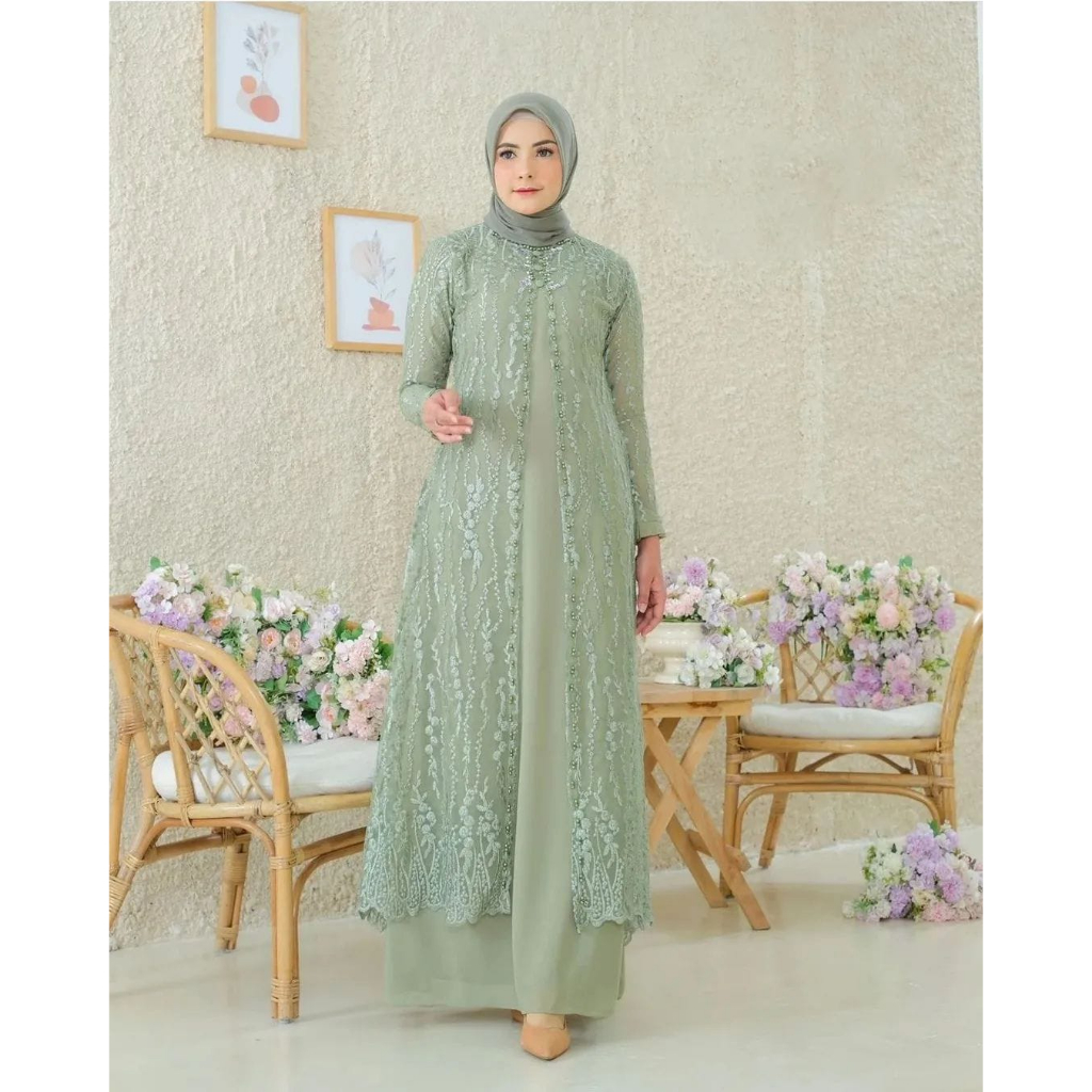 Baju Kondangan Seragaman Wanita Zipper Belakang Aplikasi Mutiara Gamis Dress Brukat Terlaris Indira Dress Maksi Fashion Muslimah Pakaian Wanita Pernikahan