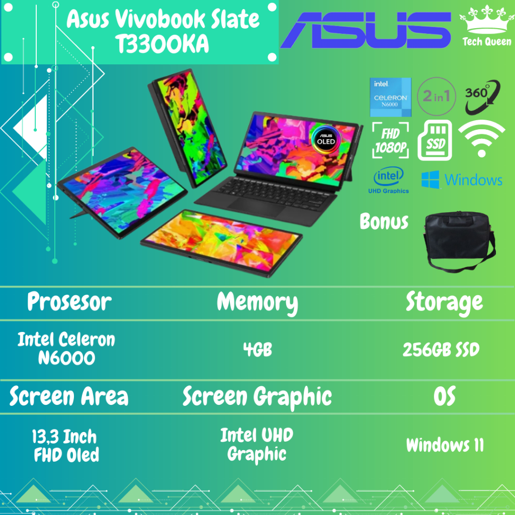 Asus Vivobook Slate T3300KA OLED 2IN1 TOUCH - PENTIUM SILVER N6000 4GB 256GB WINDOWS 11 13.3 INCHI FHD IPS