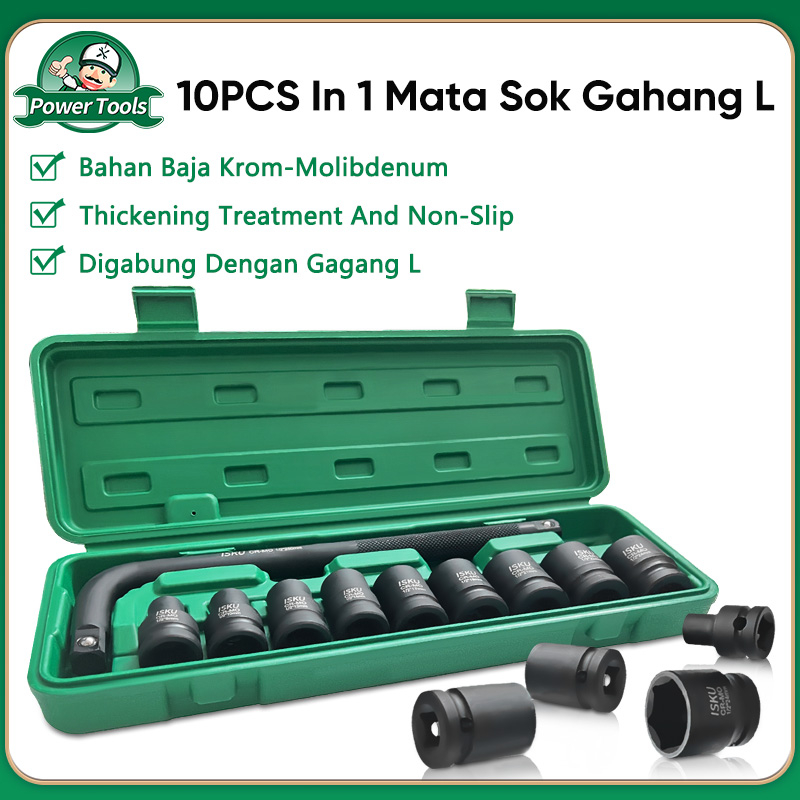 ISKU Kunci Shock Set 1/2 Mata Sock Gagang L Cr-Mo Socket Wrench 10pcs 8-24mm Alat Bengkel Motor Mobil