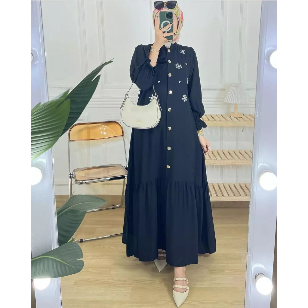 Lyra Dress Gamis Wanita Dewas Kekinian 2023 Gamis Dress Tutu Aplikasi Mutiara Zipper Depan Tali Pinggang Kiri Kanan fashion Muslim Wanita