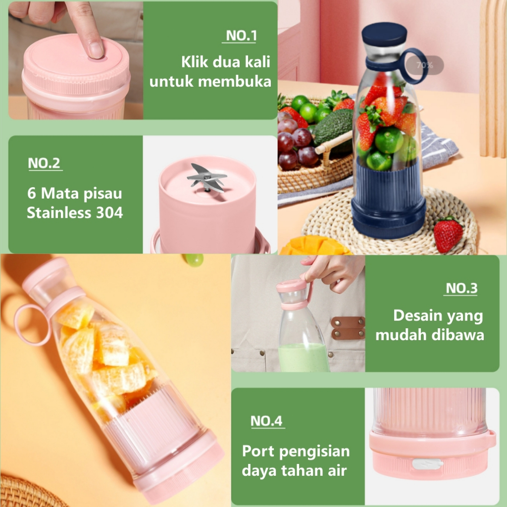 COD 380ML Portable Blender Mini Juicer Stainless 6 Mata Pisau Blander Jus Buah Port Charger USB Electric Blender