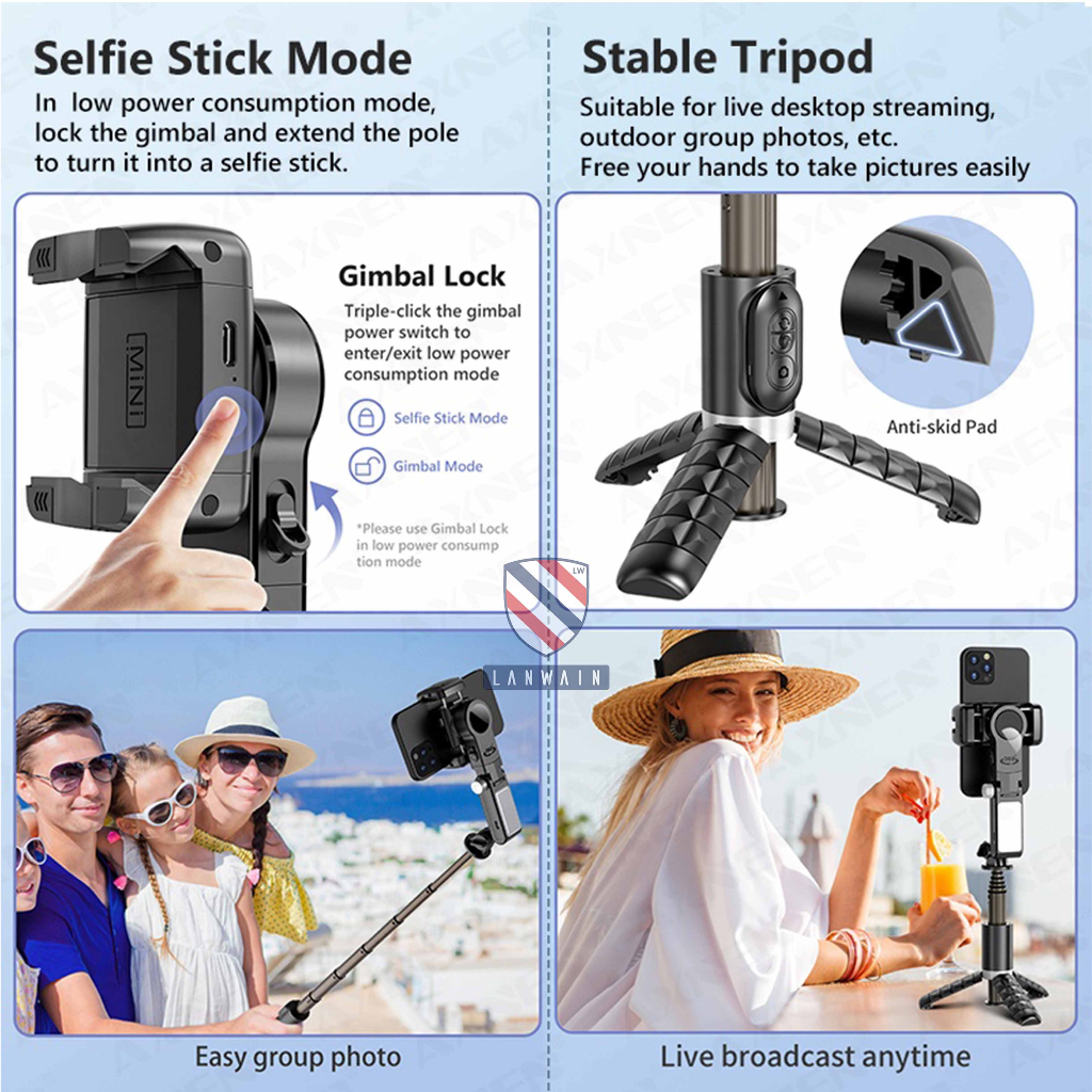 Lanwain Q18 Gimbal Stabilizer Handphone Gimbal Hp Stabilizer Tongsis Hp Bluetooth Tripod