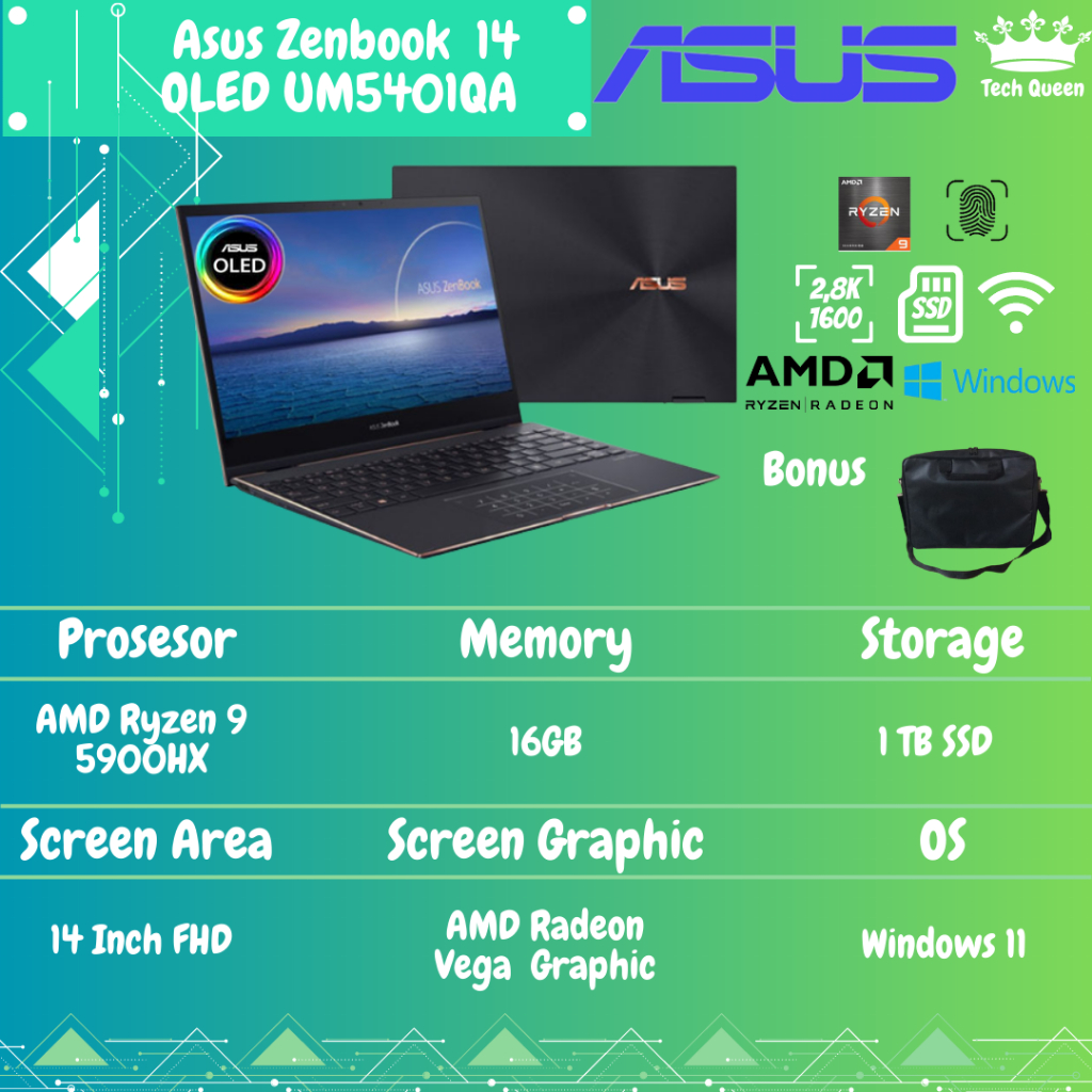 Asus Zenbook 14 OLED UM5401QA OLED913 TOUCH - RYZEN 9 5900HX 16GB 1TBSSD VEGA WINDOWS 11+OHS 14.0 INCHI 2.8K FP PEN BLK