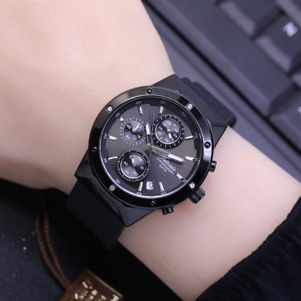 JAM TANGAN WANITA TETONIS LS031 CHRONO AKTIF TALI RUBBER TANGGAL AKTIF