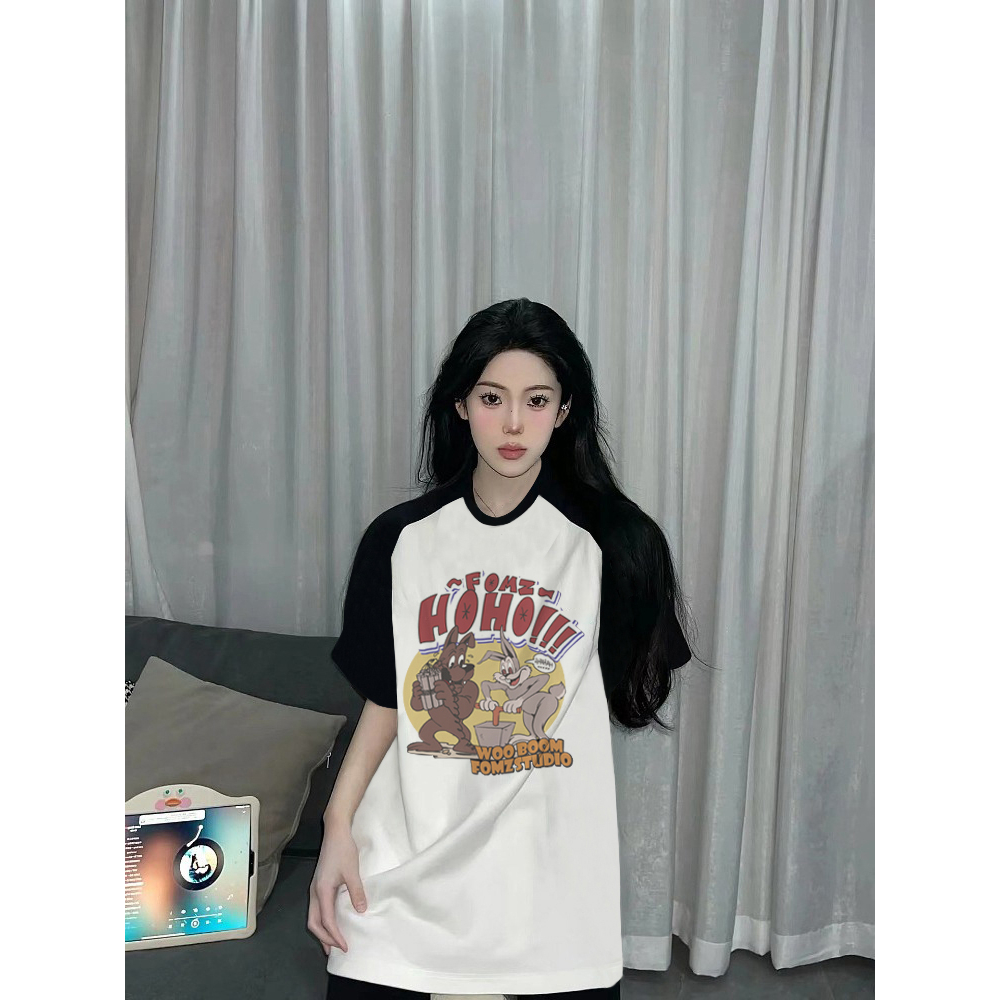 EUNII T-shirt Lengan Pendek Cartoon Rabbit Korean Style/Kaos Atasan Wanita/Baju Kaus Oversize Wanita/Kaos Wanita