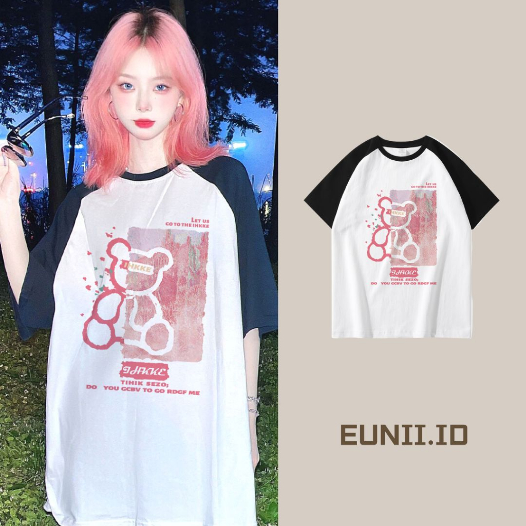 EUNII T-shirt Lengan Pendek Cartoon Pink Bear Korean Style/Kaos Atasan Wanita/Baju Kaus Oversize Wanita/Kaos Wanita