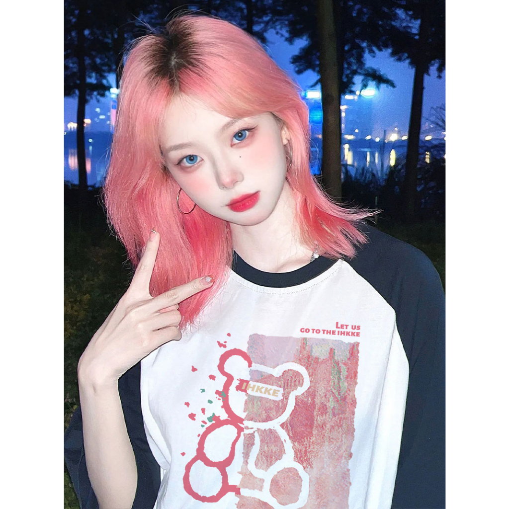 EUNII T-shirt Lengan Pendek Cartoon Pink Bear Korean Style/Kaos Atasan Wanita/Baju Kaus Oversize Wanita/Kaos Wanita