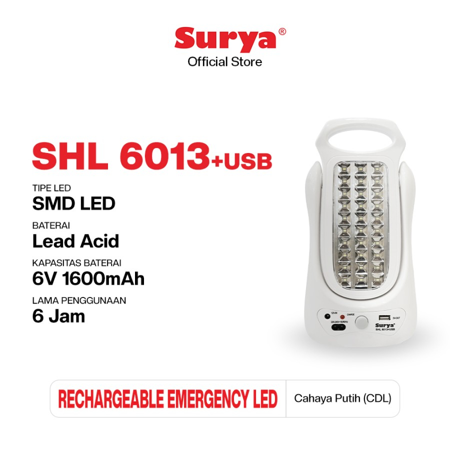 Lampu Emergency LED SURYA Lampu Darurat Senter Charge SHL 6013 + USB SHL6013